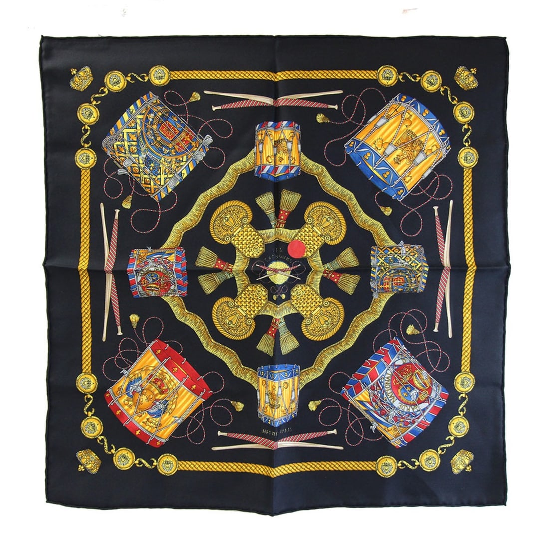 Hermes Scarf/Muffler, Carre 42 LES TAMBOURS, Black and Yellow, 100% Silk, Petit Mini Stole, Women's: --- Catalog ---Category: SizeSize (LxW): 42cm x 43cm / 16.53'' x 16.92''Category: DesignType: ScarfColor: Black, YellowGender: WomenMaterial: Silk Category: GeneralBrand: HermesCountry of Origin: