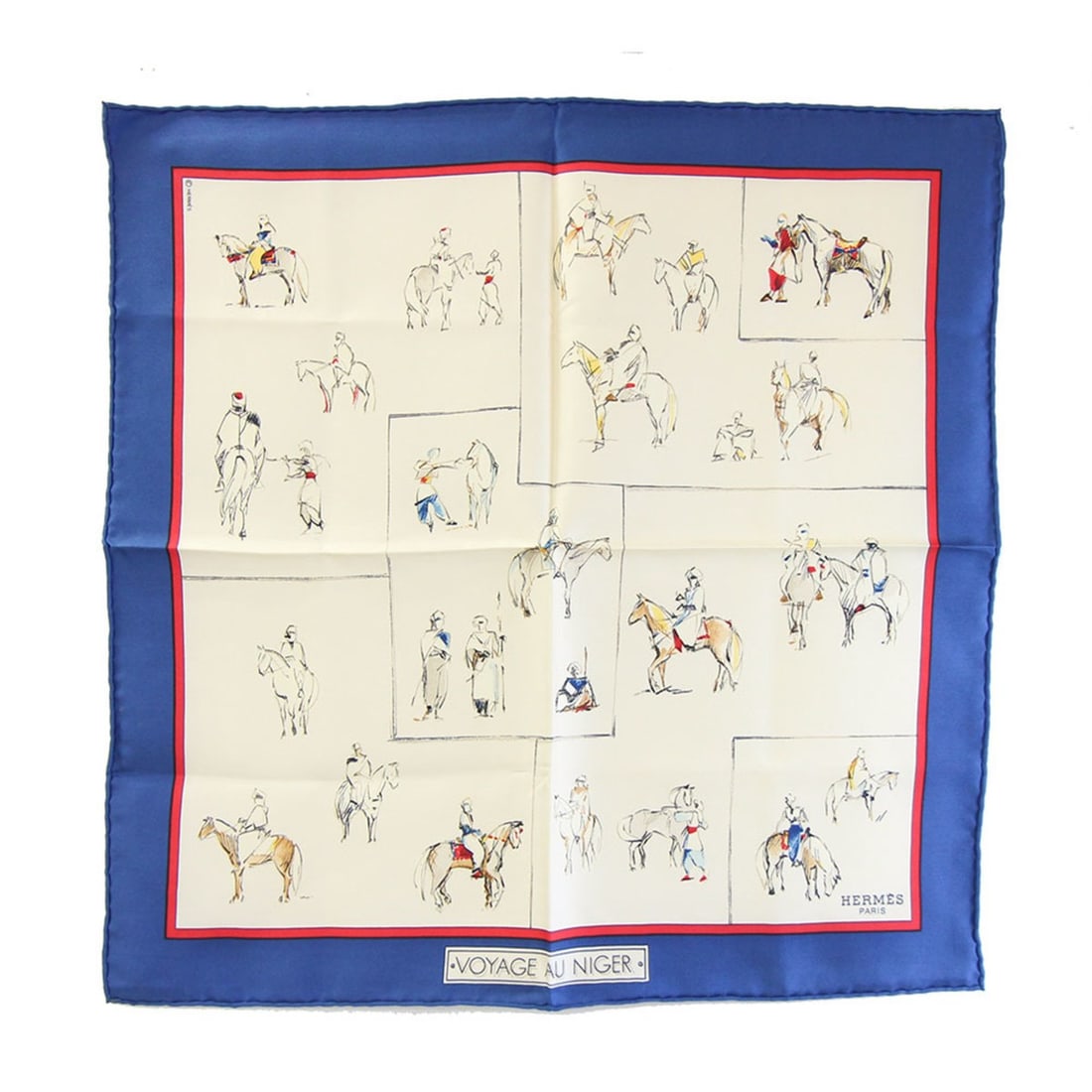 Hermes scarf/muffler, Carre 42, "VOYAGE AU NIGER" (Journey to Niger), ivory and blue, 100% silk,: --- Catalog ---Category: SizeSize (LxW): 42cm x 42cm / 16.53'' x 16.53''Category: DesignType: ScarfColor: Blue, IvoryGender: WomenMaterial: Silk Category: GeneralBrand: HermesCountry of Origin: