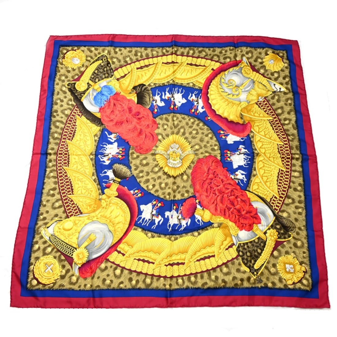 Hermes Carre 90 CASQUES et PLUMETS (Helmets Without Faces) Women's Scarf/Muffler, 100% Silk,: --- Catalog ---Category: SizeSize (LxW): 90cm x 90cm / 35.43'' x 35.43''Category: DesignType: ScarfColor: Blue, Gold, Multi-color, Red colorGender: WomenMaterial: Silk Category: GeneralBrand: HermesCo