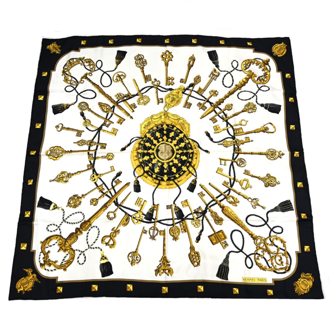 Hermes Carre 90 LES CLES Women's Scarf/Muffler, 100% Silk, Multicolor: --- Catalog ---Category: SizeSize (LxW): 90cm x 90cm / 35.43'' x 35.43''Category: DesignType: ScarfColor: Black, Gold, Multi-color, WhiteGender: WomenMaterial: Silk Category: GeneralBrand: HermesCount