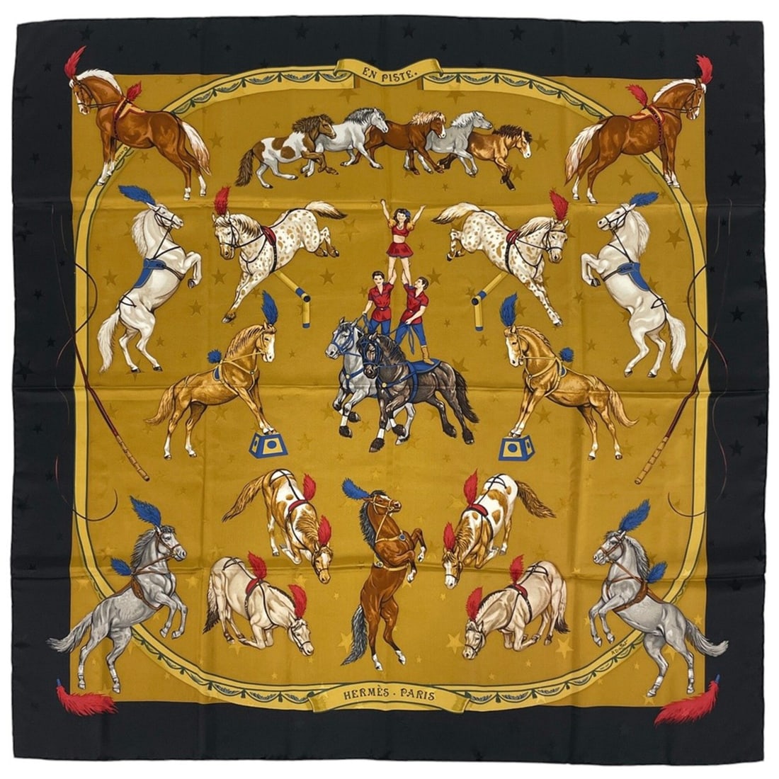 Hermes HERMES Carre 90 EN PISTE Scarf Muffler On Stage Silk Black Yellow Women's: --- Catalog ---Category: SizeSize (LxW): 90cm x 88.5cm / 35.43'' x 34.84''Category: DesignType: ScarfColor: Black, YellowGender: WomenMaterial: Silk Category: GeneralBrand: Hermes--- Item List ---Sect