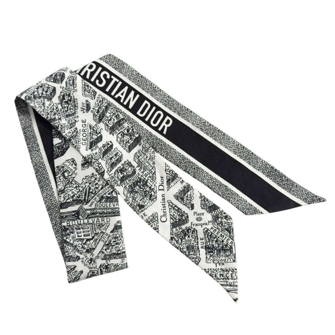 Christian Dior Dior Women's Mitzah Scarf Bandana, Brand de Paris, Black and White: --- Catalog ---Category: SizeSize (LxW): 1.03m x 5.8cm / 40.55'' x 2.28''Category: DesignType: ScarfColor: Black, WhiteGender: WomenMaterial: Silk Category: GeneralBrand: Christian DiorCountry of Orig