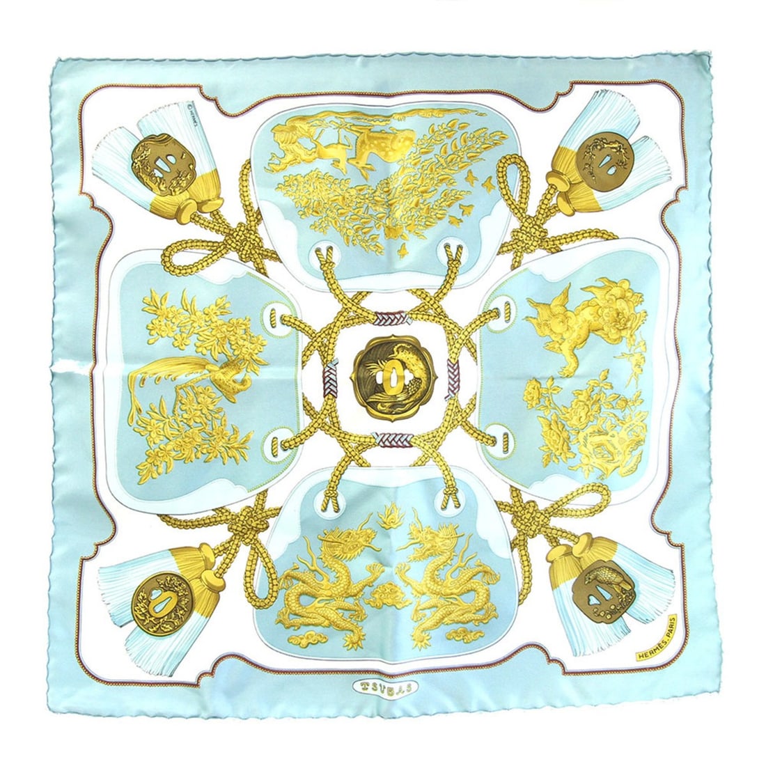 Hermes Scarf Muffler Carre 42 TSUBAS Light Blue 100% Silk Petit Mini Stole Women's HERMES: --- Catalog ---Category: SizeSize (LxW): 41.5cm x 42cm / 16.33'' x 16.53''Category: DesignType: ScarfColor: Light blueGender: WomenMaterial: Silk 100%Category: GeneralBrand: HermesCountry of Origin: F