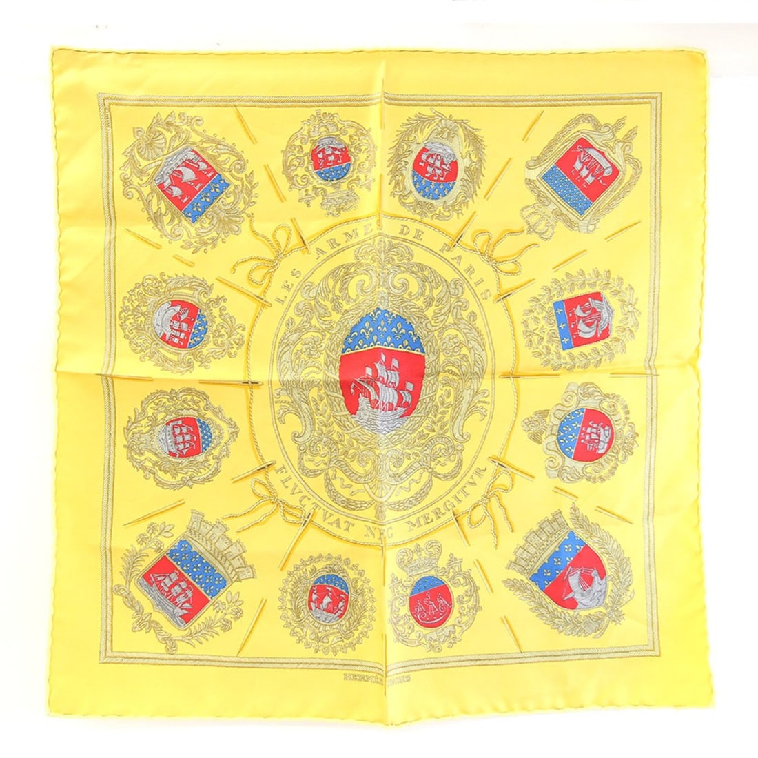Hermes Scarf/Muffler, Carre 42, Les Armes de Paris (Parisian Coat of Arms), Yellow, 100% Silk, Petit: --- Catalog ---Category: SizeSize (LxW): 41.5cm x 41.5cm / 16.33'' x 16.33''Category: DesignType: ScarfColor: YellowGender: WomenMaterial: Silk 100%Category: GeneralBrand: HermesCountry of Origin: Fra