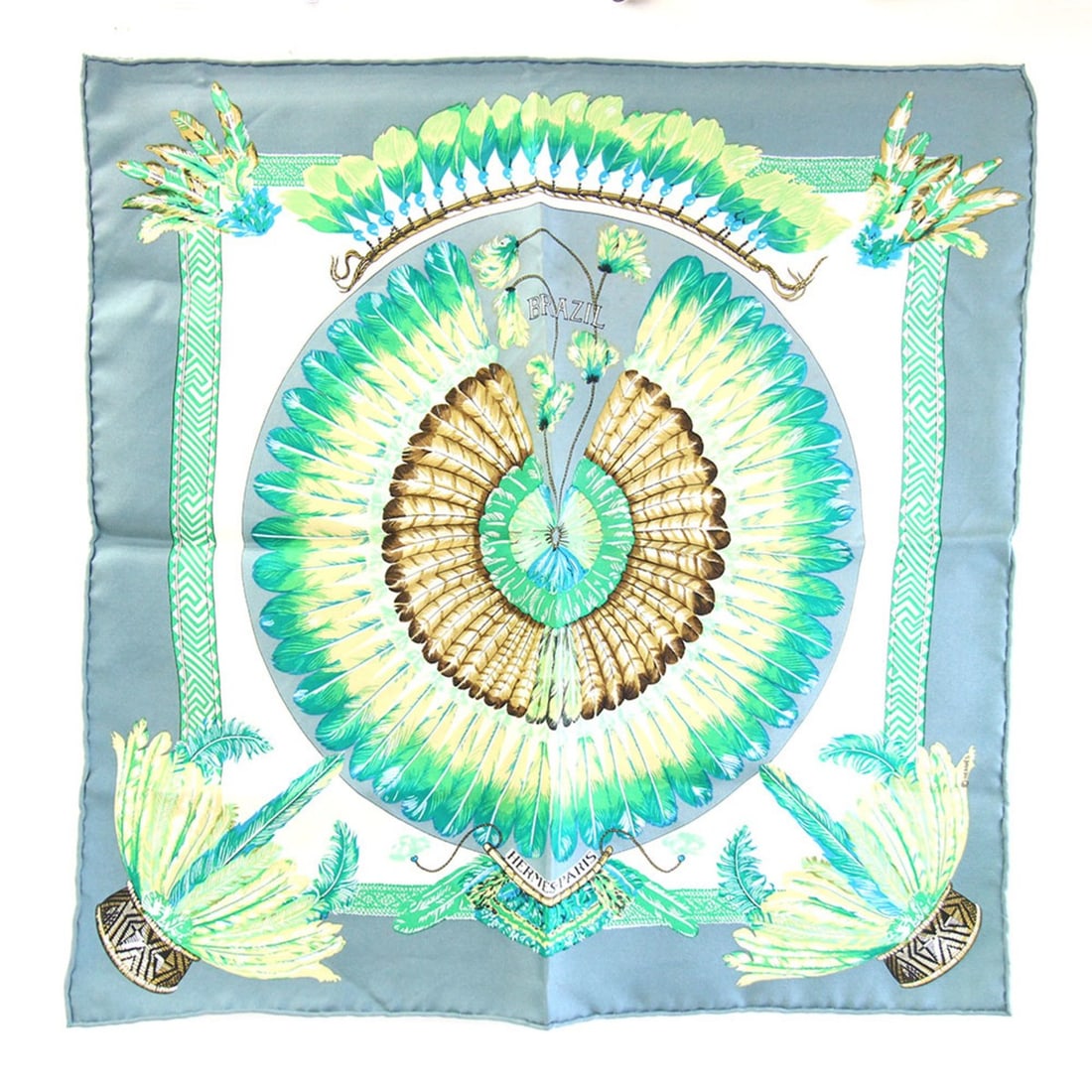 Hermes Scarf/Muffler, Carre 42 BRAZIL, Green/Gray, 100% Silk, Petit Carre/Mini Stole, Women's.: --- Catalog ---Category: SizeSize (LxW): 41cm x 41.5cm / 16.14'' x 16.33''Category: DesignType: ScarfColor: Gray, GreenGender: WomenMaterial: Silk 100%Category: GeneralBrand: HermesCountry of Origin: 
