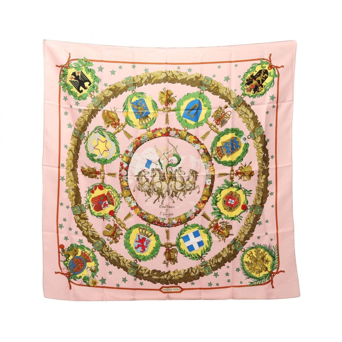 Hermes Carre 90 Emblemes de l'Europe Scarf/Muffler, Silk, Women's, Pink/Green Multicolor: --- Catalog ---Category: SizeSize (LxW): 89cm x 89cm / 35.03'' x 35.03''Category: DesignType: ScarfColor: Green, Multi-color, PinkGender: WomenMaterial: Silk Category: GeneralBrand: Hermes--- Item