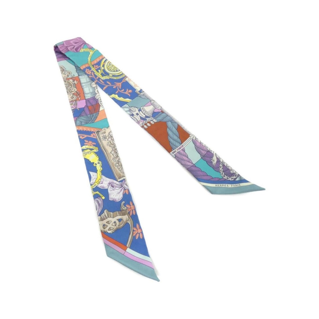Hermes CAVALLERIA D'ETRIERS Twilly 062976S Scarf Muffler: --- Catalog ---Category: SizeSize (LxW): 5cm x 86cm / 1.96'' x 33.85''Category: DesignType: ScarfColor: Blue, Multi-colorGender: Women,MenMaterial: Silk Category: GeneralMPN: 062976SBrand: Hermes--- I