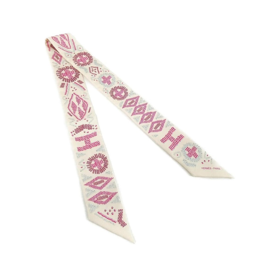 Hermes Kelly en Perles Twilly 062552S Scarf Muffler: --- Catalog ---Category: SizeSize (LxW): 5cm x 86cm / 1.96'' x 33.85''Category: DesignType: ScarfColor: Pink, WhiteGender: Women,MenMaterial: Silk Category: GeneralMPN: 062552SBrand: Hermes--- Item Li