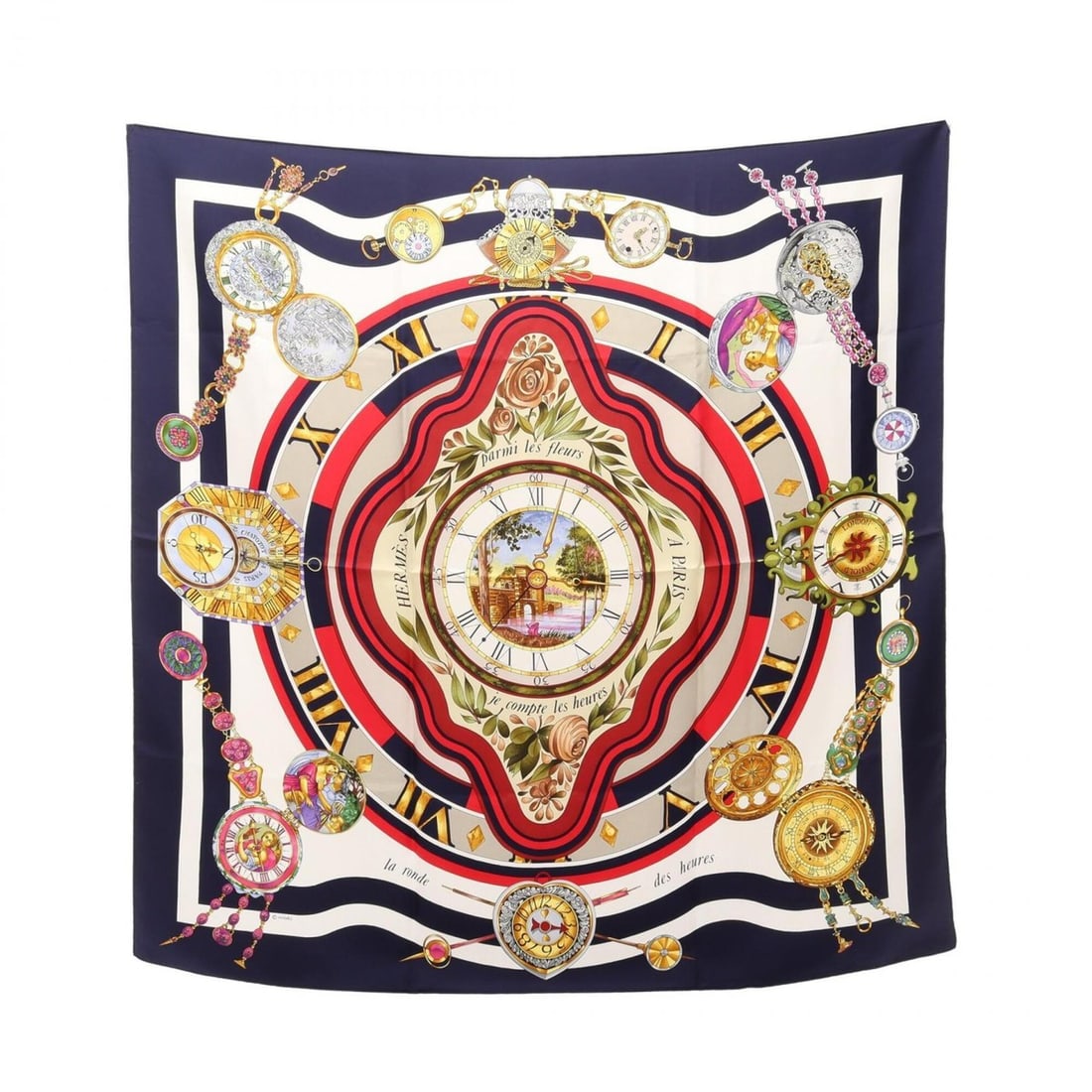 Hermes Carre 90 "Parmi les fleurs je compte heures" scarf/muffler, silk, women's, navy/multicolor: --- Catalog ---Category: SizeSize (LxW): 89cm x 89cm / 35.03'' x 35.03''Category: DesignType: ScarfColor: Multi-color, NavyGender: WomenMaterial: Silk Category: GeneralBrand: Hermes--- Item List ---Se