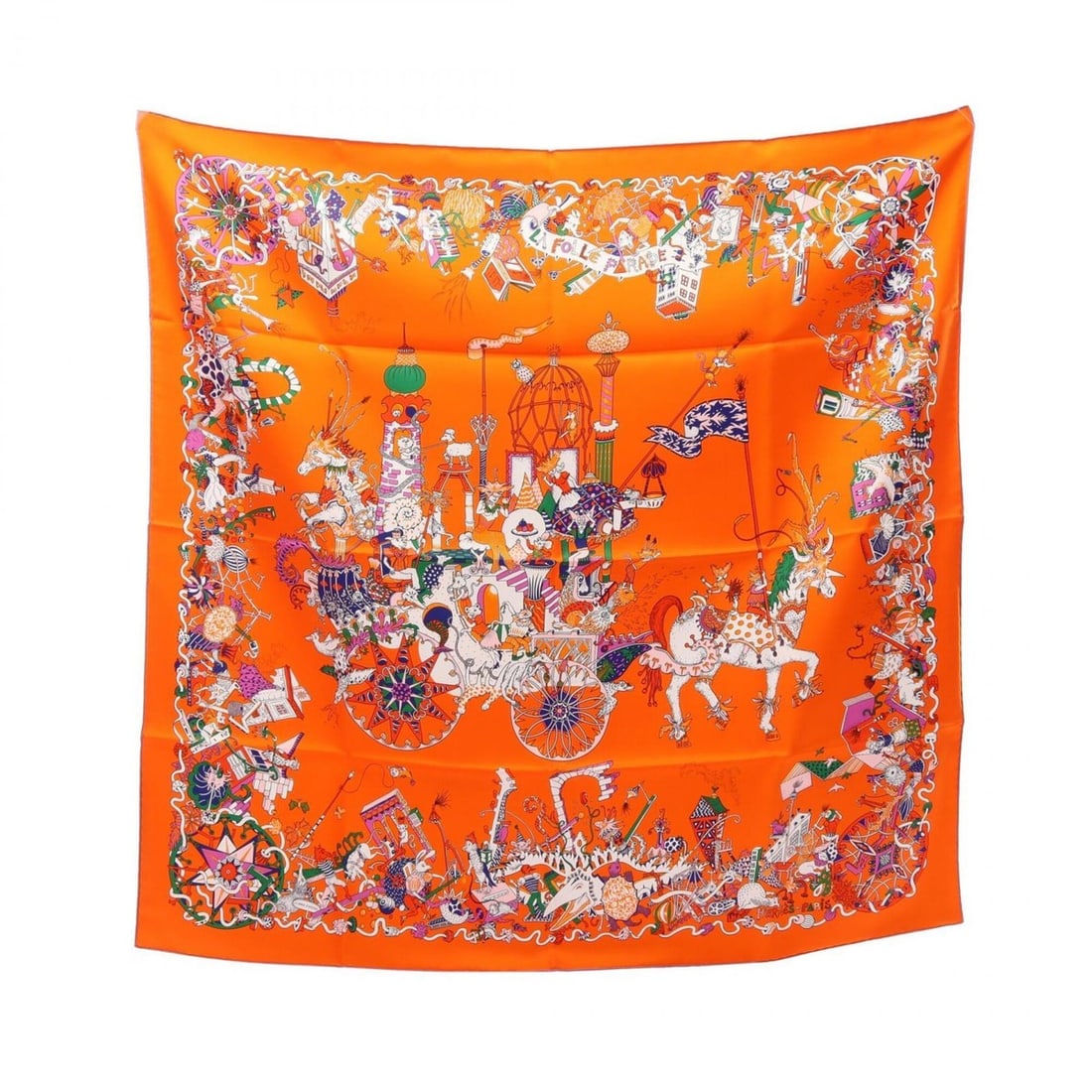 Hermes Carre 90 La Folle Parade Scarf/Muffler, Silk, Women's, Orange/Multicolor: --- Catalog ---Category: SizeSize (LxW): 89cm x 89cm / 35.03'' x 35.03''Category: DesignType: ScarfColor: Multi-color, OrangeGender: WomenMaterial: Silk Category: GeneralBrand: Hermes--- Item List ---