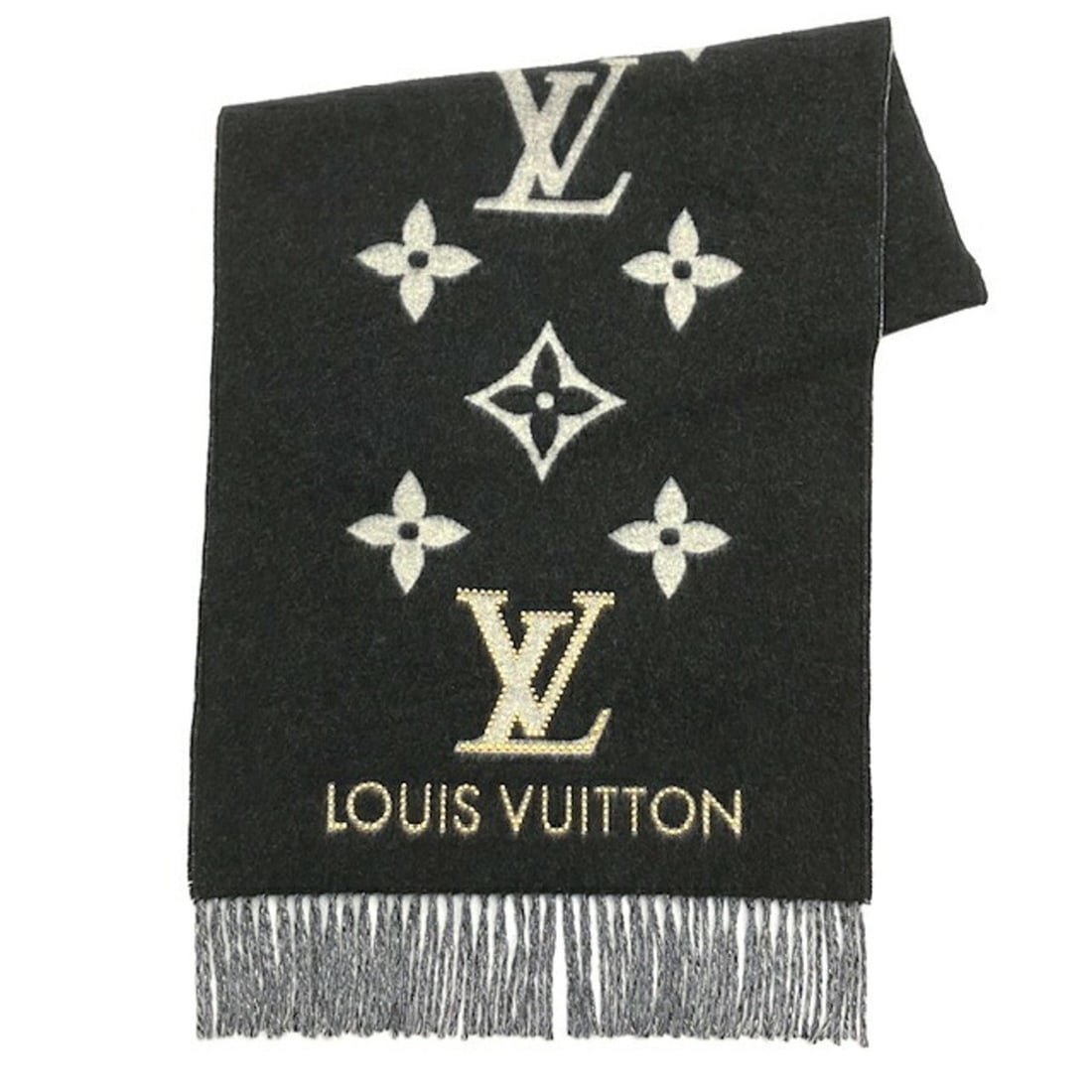 LOUIS VUITTON Echarpe Reykjavik Studded Scarf/Muffler M71588 Cashmere Women's Men's: --- Catalog ---Category: SizeSize (LxW): 1.88m x 47cm / 74.01'' x 18.5''Category: DesignType: StoleColor: Black, GrayGender: Men,WomenMaterial: Cashmere Category: GeneralBrand: Louis Vuitton--- Item L