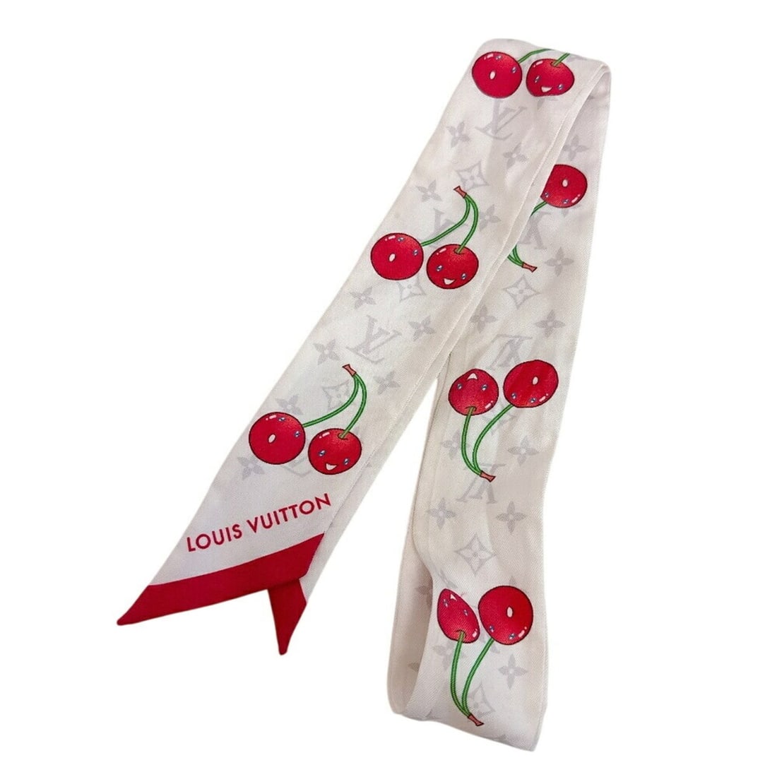 LOUIS VUITTON M94968 Bandeau BB Takashi Murakami LV × TM Monogram Cherry Scarf Muffler Red: --- Catalog ---Category: SizeSize (LxW): 5cm x 1.15m / 1.96'' x 45.66''Category: DesignType: ScarfColor: Monogram, Red colorGender: WomenMaterial: Silk Category: GeneralMPN: M94968Brand: Louis Vuitton