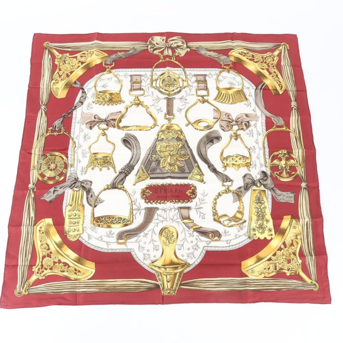 Hermes Carre 90 ETRIERS Stirrup Scarf with Tag, 100% Silk, Brand Name, for Women and Men: --- Catalog ---Category: SizeSize (LxW): 90cm x 89cm / 35.43'' x 35.03''Category: DesignType: ScarfColor: Multi-colorGender: Men,WomenMaterial: Silk Category: GeneralBrand: HermesCountry of Origin: Fr