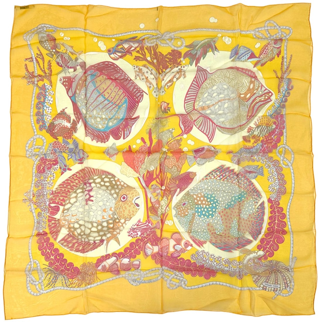 Hermes scarf/muffler, Carre 90 Grands Fonds, deep sea design, women's, brand, silk, yellow,: --- Catalog ---Category: SizeSize (LxW): 90cm x 90cm / 35.43'' x 35.43''Category: DesignType: ScarfColor: Multi-color, YellowGender: WomenMaterial: Silk Category: GeneralBrand: HermesCountry of