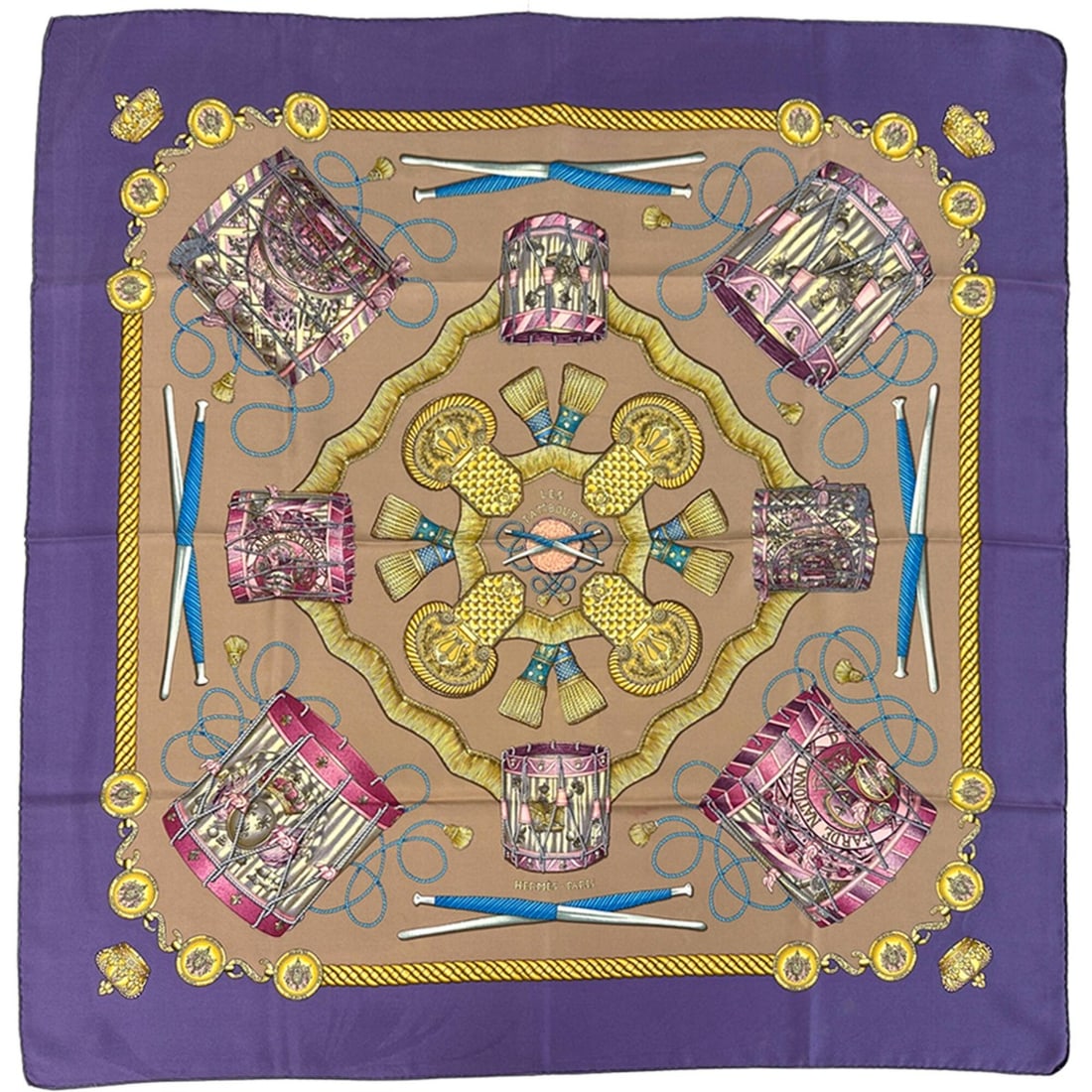 Hermes scarf/muffler, Carre 90, Les Tambours (Tambour Drums), women's, brand, silk, purple, brown,: --- Catalog ---Category: SizeSize (LxW): 90cm x 90cm / 35.43'' x 35.43''Category: DesignType: ScarfColor: Brown, Multi-color, PurpleGender: WomenMaterial: Silk Category: GeneralBrand: HermesCountry of