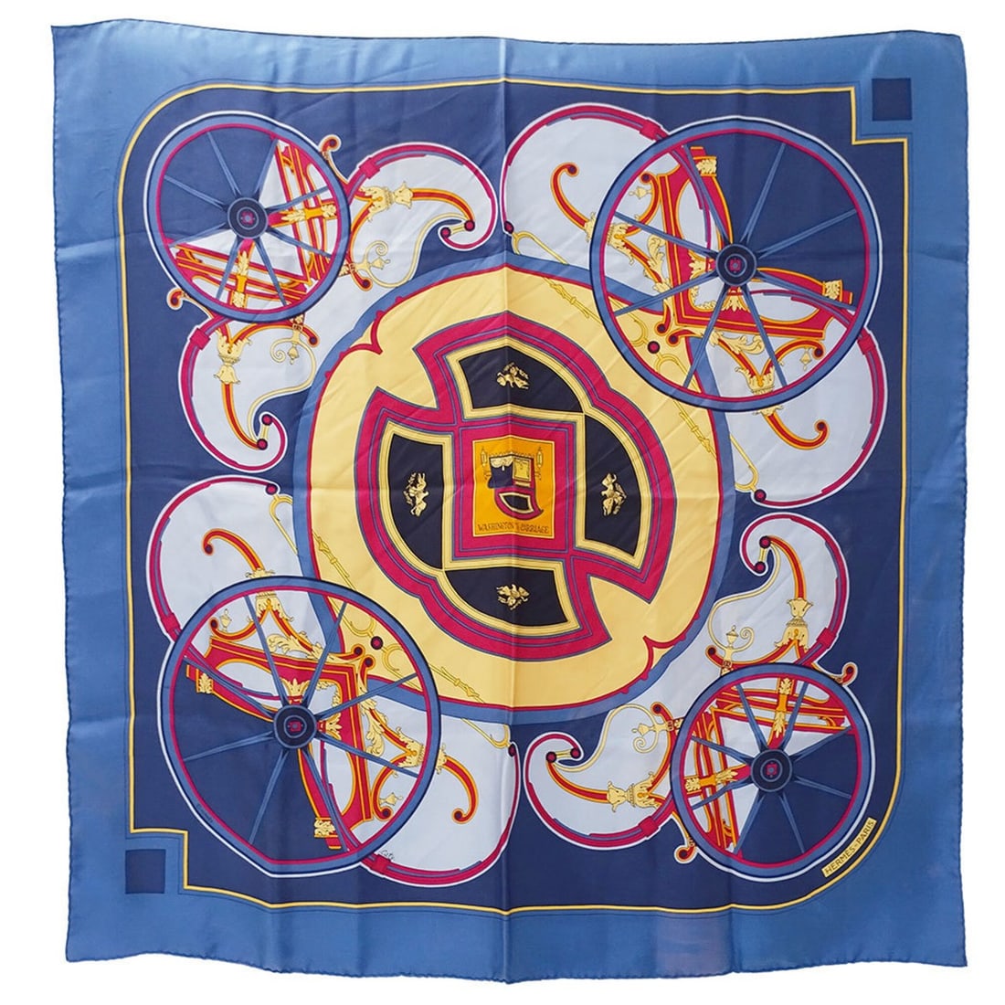 Hermes scarf/muffler, Carre 90, WASHINGTON'S CARRIAGE (George Washington's carriage), women's, brand: --- Catalog ---Category: SizeSize (LxW): 89cm x 89cm / 35.03'' x 35.03''Category: DesignType: ScarfColor: BlueGender: WomenMaterial: Silk Category: GeneralBrand: HermesCountry of Origin: France--- Ite