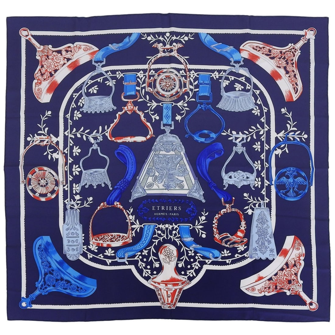 HERMES ETRIERS Carre 90 100% Silk Scarf/Muffler, Navy Blue/Red, Made in France, Women's, with Box.: --- Catalog ---Category: SizeSize (LxW): 88cm x 89cm / 34.64'' x 35.03''Category: DesignType: ScarfColor: Blue, Navy, Red colorGender: WomenMaterial: Silk Category: GeneralBrand: HermesCountry of Orig