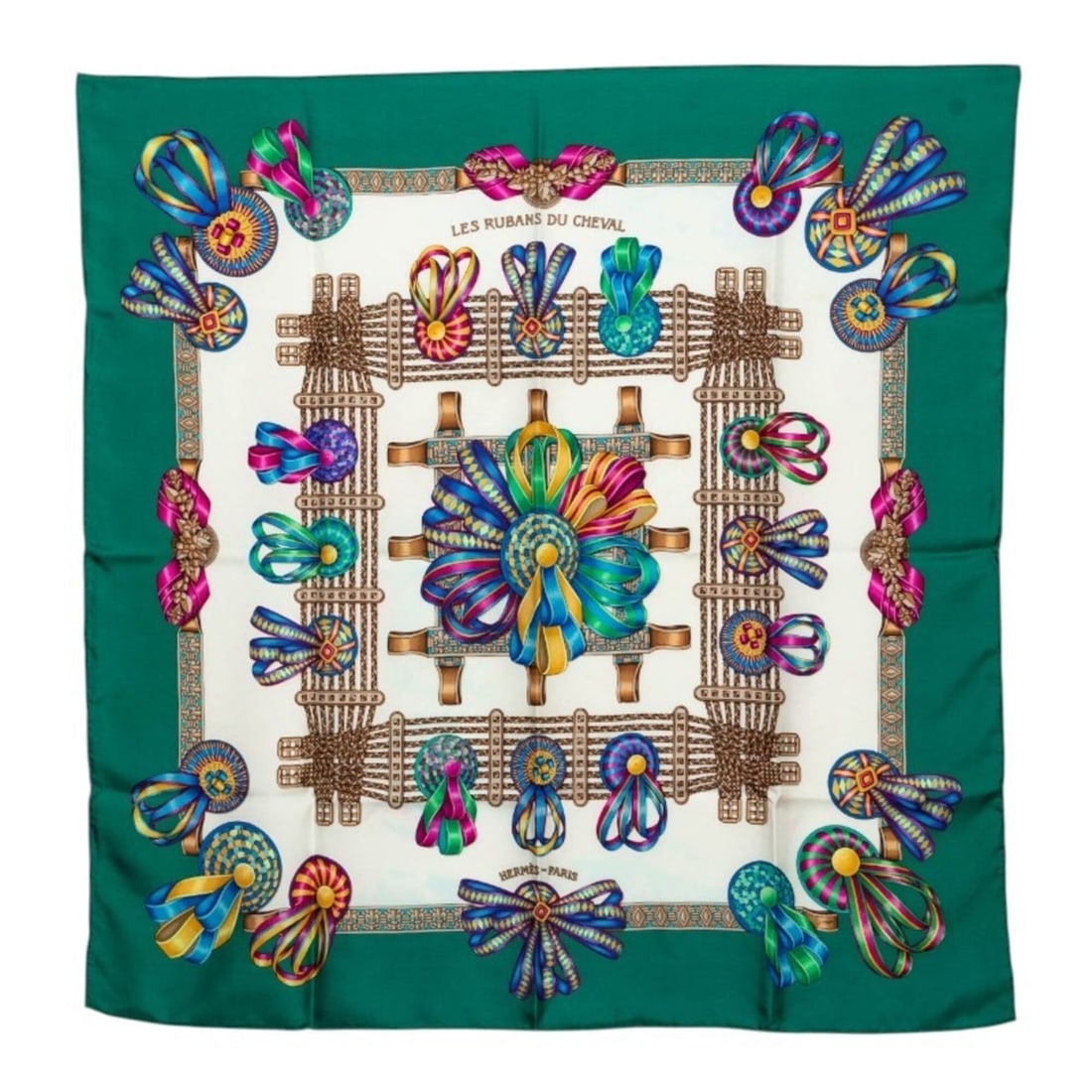 Hermes Carre 90 LES RUBANS DU CHEVAL Horse Ribbon Scarf Muffler Green Ivory Silk Women's HERMES: --- Catalog ---Category: SizeSize (LxW): 87cm x 86cm / 34.25'' x 33.85''Category: DesignType: ScarfColor: Green, IvoryGender: WomenMaterial: Silk Category: GeneralBrand: Hermes--- Item List ---Section