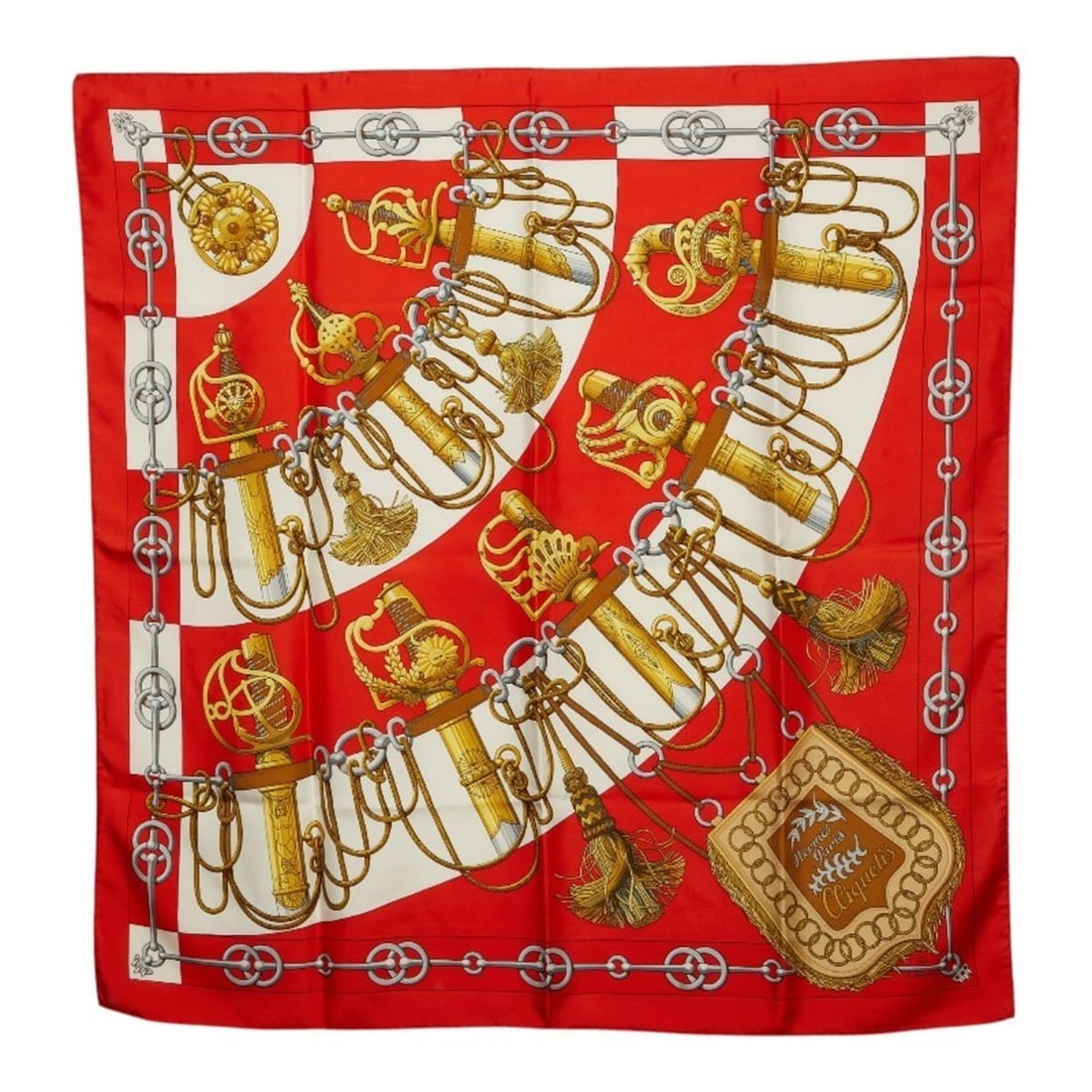 Hermes Carre 90 Cliquetis Scarf/Muffler, Red Multicolor Silk, Women's: --- Catalog ---Category: SizeSize (LxW): 88cm x 87cm / 34.64'' x 34.25''Category: DesignType: ScarfColor: Multi-color, Red colorGender: WomenMaterial: Silk Category: GeneralBrand: Hermes--- Item List 