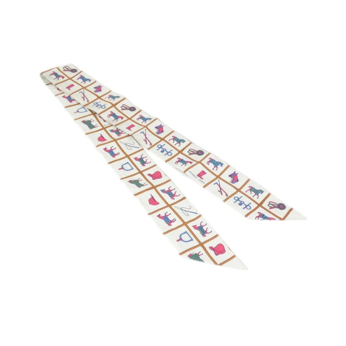 Hermes COUVERTURES ET TENUES Twilly 061356S Scarf Muffler: --- Catalog ---Category: SizeSize (LxW): 5cm x 86cm / 1.96'' x 33.85''Category: DesignType: ScarfColor: Cream, Pink, WhiteGender: Women,MenMaterial: Silk Category: GeneralMPN: 061356SBrand: Hermes--- 