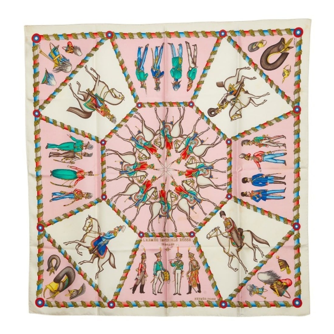 Hermes Carre 90 L'ARMEE IMPERIALE RUSSE Russian Military Museum Scarf/Muffler, Large Size,: --- Catalog ---Category: SizeSize (LxW): 89cm x 88cm / 35.03'' x 34.64''Category: DesignType: ScarfColor: Multi-color, PinkGender: WomenMaterial: Silk Category: GeneralBrand: Hermes--- Item List ---Se