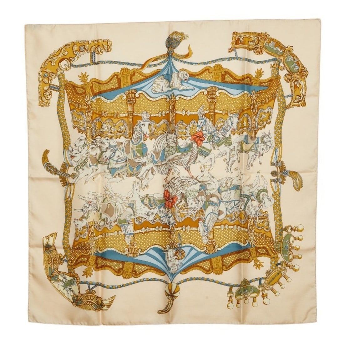 Hermes Carre 90 Tournez Manege Merry-go-round Scarf/Muffler, Large Size, Ivory/Multicolor Silk,: --- Catalog ---Category: SizeSize (LxW): 90cm x 89cm / 35.43'' x 35.03''Category: DesignType: ScarfColor: Ivory, Multi-colorGender: WomenMaterial: Silk Category: GeneralBrand: Hermes--- Item List ---S