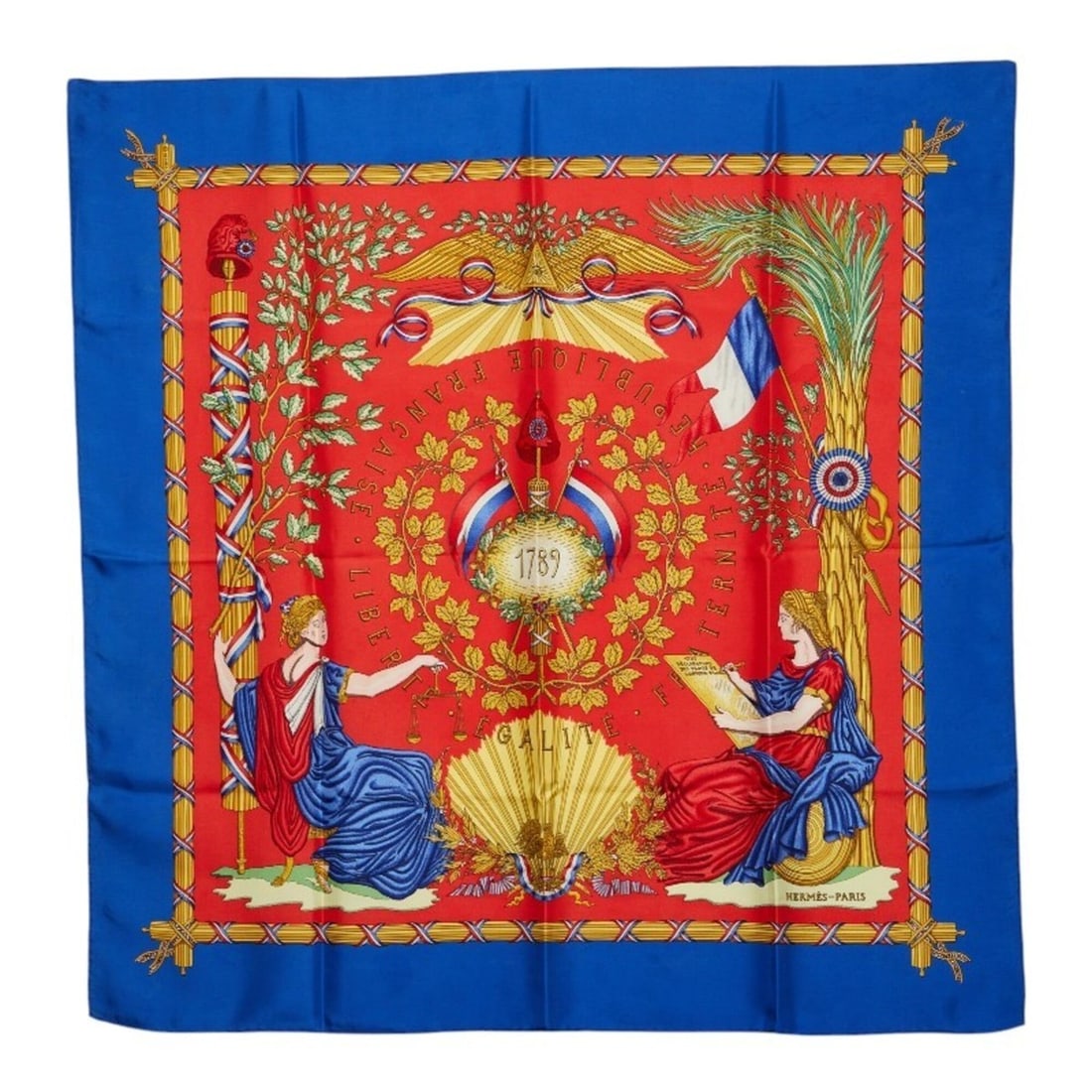 Hermes Carre 90 1789 LIBERTE EGALITE FRATERNITE REPUBLIQUE FRANCAISE - Commemorating the French: --- Catalog ---Category: SizeSize (LxW): 90cm x 89cm / 35.43'' x 35.03''Category: DesignType: ScarfColor: Blue, Red colorGender: WomenMaterial: Silk Category: GeneralBrand: Hermes--- Item List ---Sect