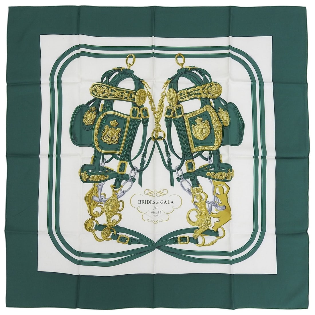HERMES Carre 90 BRIDES de GALA (Ceremonial Horse Bridle) 100% Silk Scarf/Muffler, Green Multi, Made: --- Catalog ---Category: SizeSize (LxW): 85cm x 89cm / 33.46'' x 35.03''Category: DesignType: ScarfColor: Green, Multi-colorGender: WomenMaterial: Silk Category: GeneralBrand: HermesCountry of Origin: