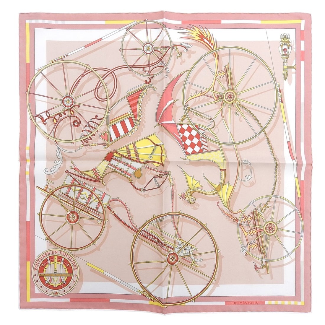 HERMES Carre 45 "VOITURES EN NQUILIBRE" (Elegant Carriage) Scarf/Muffler, 100% Silk, Pink, Made in: --- Catalog ---Category: SizeSize (LxW): 42cm x 41cm / 16.53'' x 16.14''Category: DesignType: ScarfColor: PinkGender: WomenMaterial: Silk Category: GeneralBrand: HermesCountry of Origin: France--- Ite