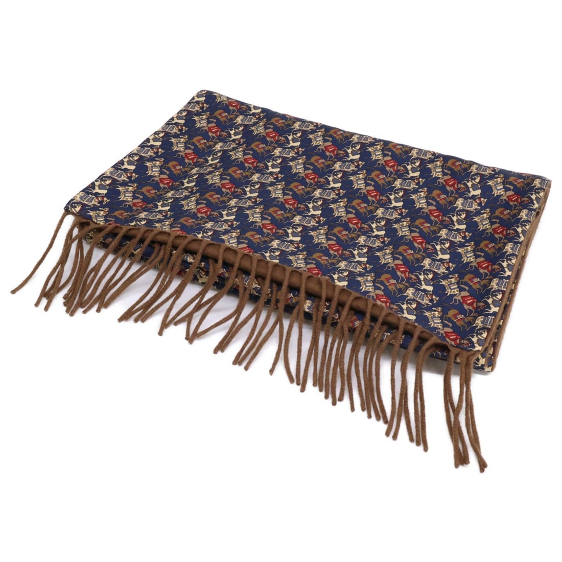Salvatore Ferragamo horse pattern silk cashmere fringe stole/scarf in navy brown for women.: --- Catalog ---Category: SizeSize (LxW): 1.83m x 32cm / 72.04'' x 12.59''Category: DesignType: StoleColor: Brown, NavyGender: WomenMaterial: Silk Category: GeneralBrand: Salvatore Ferragamo--- Item Li