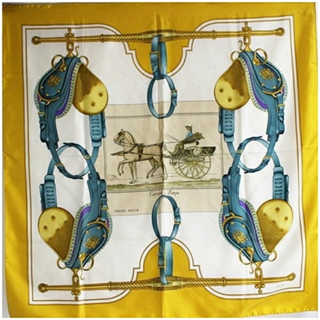 Hermes Carre 90 Silk Scarf/Muffler, CARRICK A POMPE, for Women: --- Catalog ---Category: SizeSize (LxW): 90cm x 88cm / 35.43'' x 34.64''Category: DesignType: ScarfColor: Mustard, WhiteGender: Men,WomenMaterial: Silk Category: GeneralBrand: Hermes--- Item List ---S