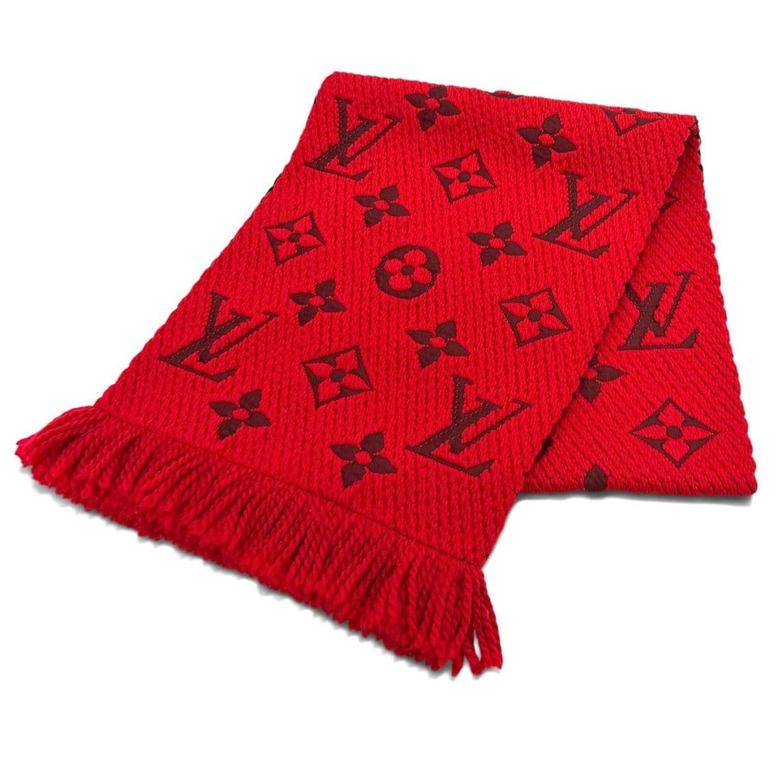 LOUIS VUITTON M72432 Echarpe Logomania Wool Silk Blend Ruby Fringe Stole Scarf, Made in Italy,: --- Catalog ---Category: SizeSize (LxW): 1.58m x 32cm / 62.2'' x 12.59''Category: DesignType: StoleColor: RubyGender: WomenMaterial: Wool , Silk Category: GeneralMPN: M72432Brand: Louis VuittonCountry