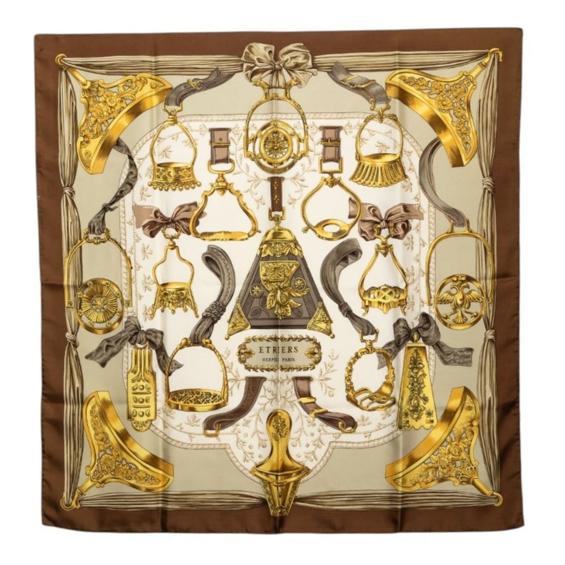 Hermes Carre 90 Etriers Armor Scarf Muffler Brown Silk Women's HERMES: --- Catalog ---Category: SizeSize (LxW): 89.5cm x 87.5cm / 35.23'' x 34.44''Category: DesignType: ScarfColor: BrownGender: WomenMaterial: Silk Category: GeneralBrand: Hermes--- Item List ---Section: C