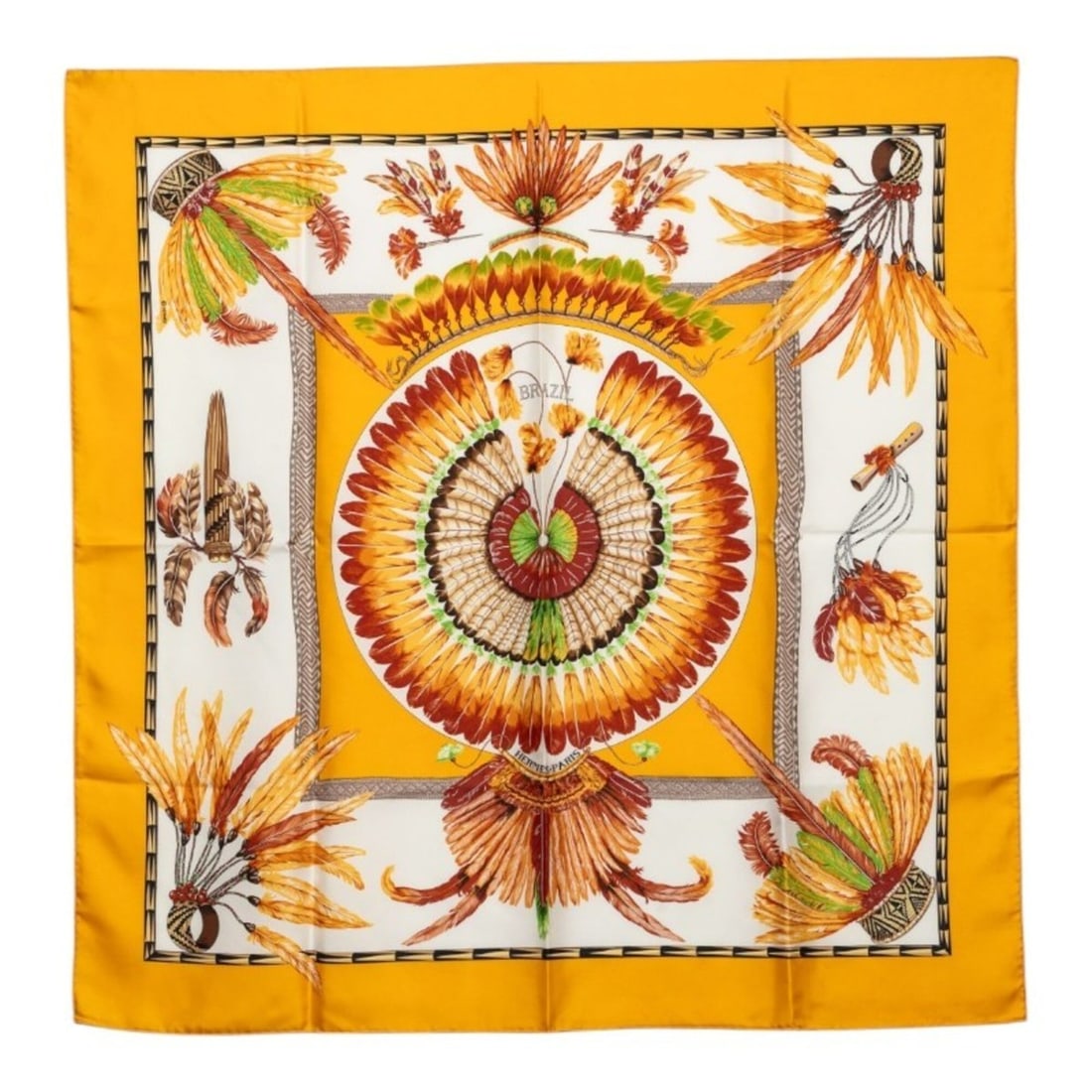 Hermes Carre 90 Brazil Scarf/Muffler, Yellow/White Silk, Women's.: --- Catalog ---Category: SizeSize (LxW): 87cm x 89cm / 34.25'' x 35.03''Category: DesignType: ScarfColor: White, YellowGender: WomenCategory: GeneralBrand: Hermes--- Item List ---Section: ConditionRan