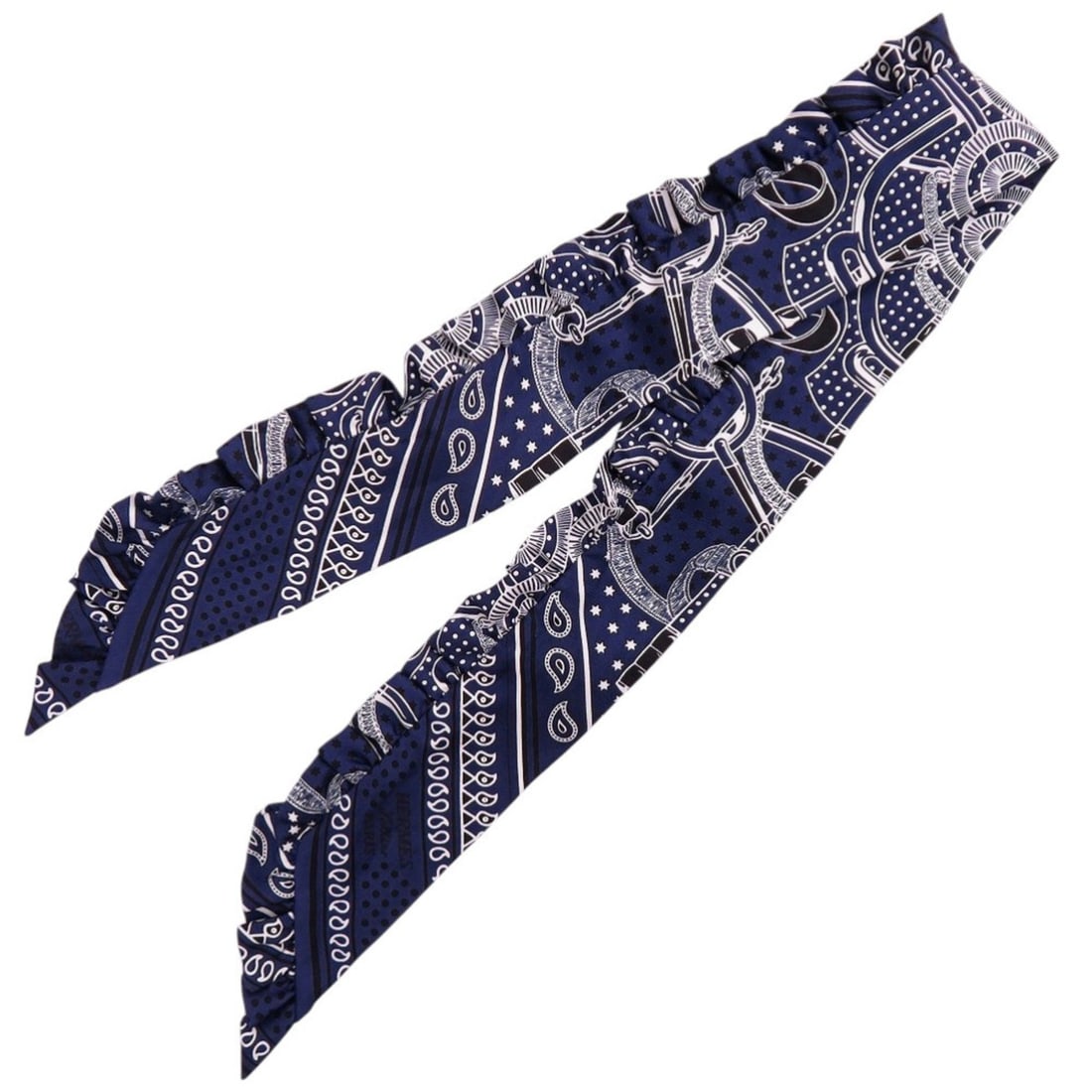 Hermes Twilly Frill Apron d'Or EPERON D'OR All-over print Gathered braid Bandana 852978S Silk Navy: --- Catalog ---Category: SizeSize (LxW): 91cm x 7cm / 35.82'' x 2.75''Category: DesignType: ScarfColor: Black, Navy, WhiteGender: WomenMaterial: Silk Category: GeneralMPN: 852978SBrand: HermesCountry 