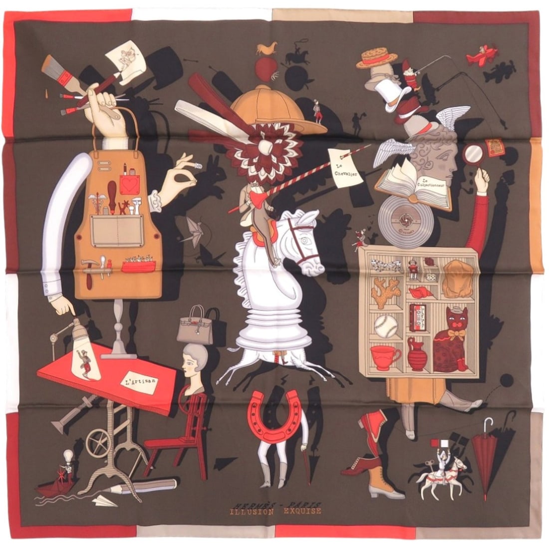 Hermes Carre 70 Illusion Exquise Silk Brown Scarf/Muffler 0466 HERMES: --- Catalog ---Category: SizeSize (LxW): 65.5cm x 65.5cm / 25.78'' x 25.78''Category: DesignType: ScarfColor: BrownGender: WomenMaterial: Silk Category: GeneralBrand: HermesCountry of Origin: France--