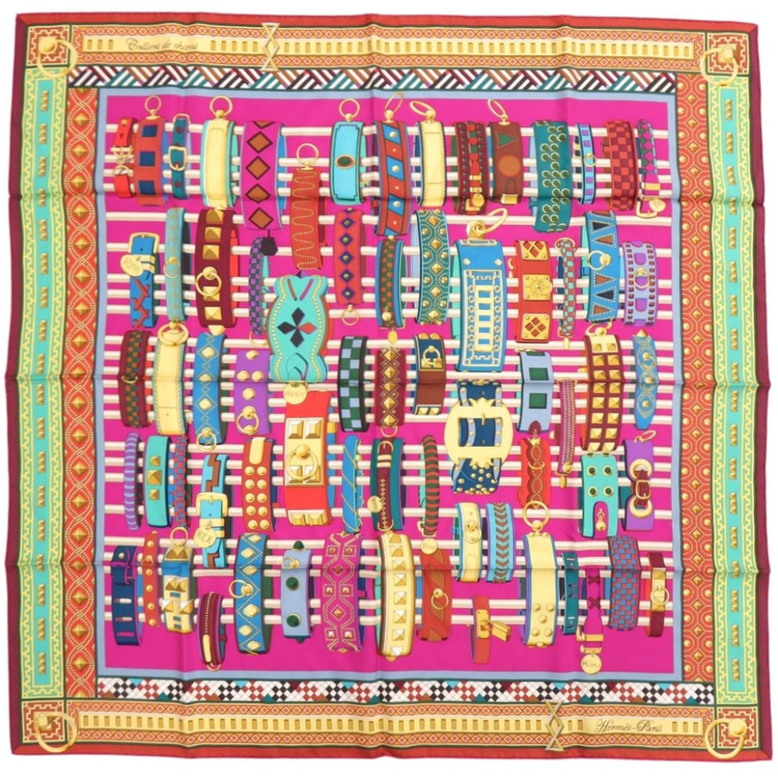 Hermes Carre 90 Collier de Chien Silk Multicolor Scarf Muffler 0464HERMES: --- Catalog ---Category: DesignType: ScarfColor: Green, Multi-color, Pink, YellowGender: WomenMaterial: Silk Category: GeneralBrand: HermesCountry of Origin: France--- Item List ---Section: ConditionR