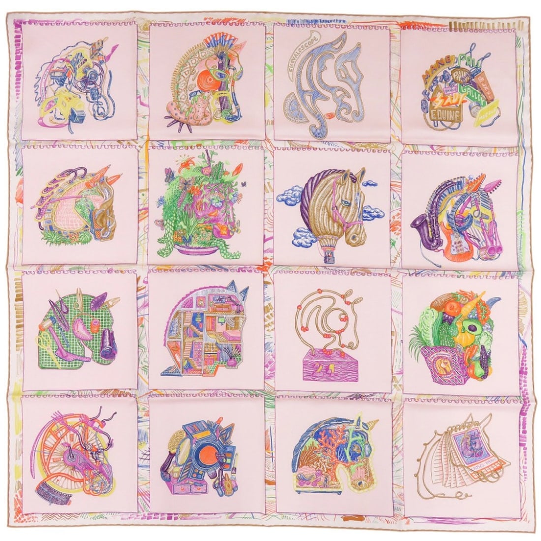 Hermes Carre 90 Chevaloscope Neon Scarf/Muffler, Silk, Pink, 0467HERMES: --- Catalog ---Category: SizeSize (LxW): 88cm x 88cm / 34.64'' x 34.64''Category: DesignType: ScarfColor: Pink, PurpleGender: WomenMaterial: Silk Category: GeneralBrand: HermesCountry of Origin: Franc