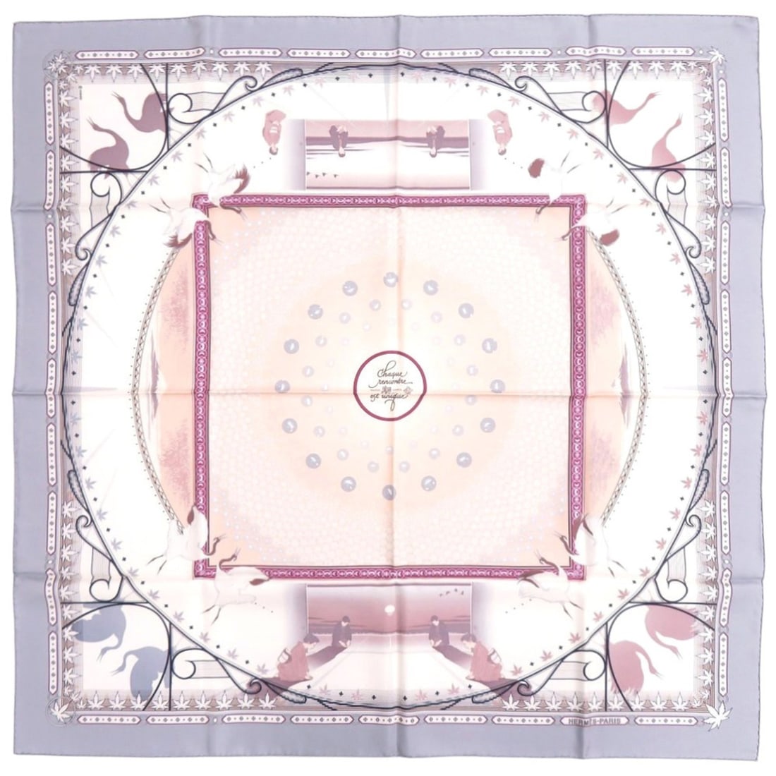 Hermes Carre 90 "Once in a Lifetime" Silk Grey Scarf/Muffler 0275HERMES: --- Catalog ---Category: SizeSize (LxW): 88cm x 88cm / 34.64'' x 34.64''Category: DesignType: ScarfColor: Cream, Gray, PurpleGender: WomenMaterial: Silk Category: GeneralBrand: HermesCountry of Origin