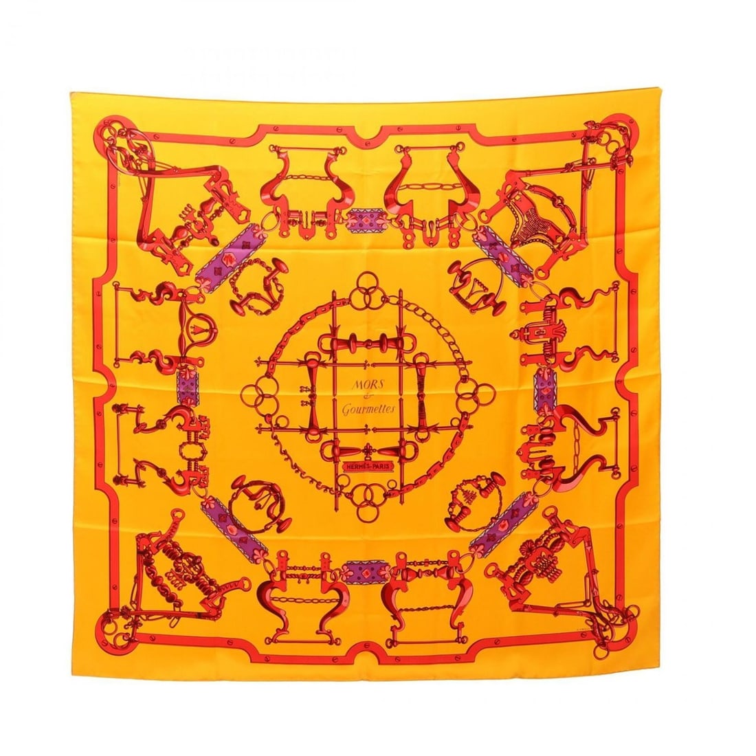 Hermes Carre 90 Mors et Gourmettes Scarf/Muffler, Silk, Women's, Yellow/Red Multicolor: --- Catalog ---Category: SizeSize (LxW): 88cm x 88cm / 34.64'' x 34.64''Category: DesignType: ScarfColor: Multi-color, Red color, YellowGender: WomenMaterial: Silk Category: GeneralBrand: Hermes--- It