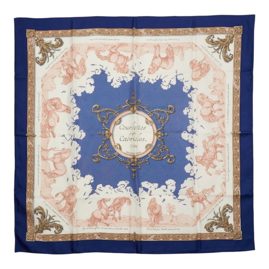 Hermes Carre 90 Courbettes et Cabrioles Scarf/Muffler, Blue and White Silk, Women's: --- Catalog ---Category: SizeSize (LxW): 86cm x 87cm / 33.85'' x 34.25''Category: DesignType: ScarfColor: Blue, WhiteGender: WomenMaterial: Silk Category: GeneralBrand: Hermes--- Item List ---Section: