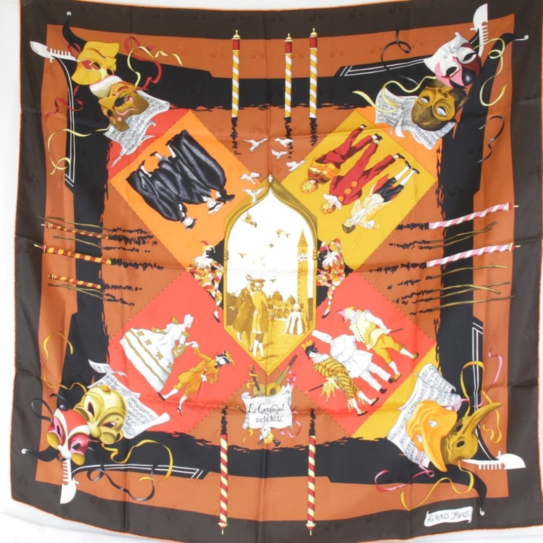 HERMES Carre 90 Venice Carnival Large Scarf, Silk, Red, Women's (1 of 12)