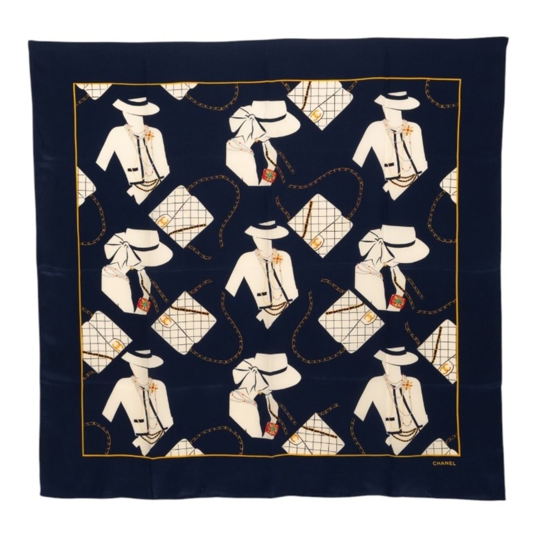 Chanel Coco Mark Mademoiselle Matelassé Pattern Scarf, Large Size, Navy Multicolor Silk, Women's.: --- Catalog ---Category: SizeSize (LxW): 85cm x 87cm / 33.46'' x 34.25''Category: DesignType: ScarfColor: Multi-color, NavyGender: WomenMaterial: Silk Category: GeneralBrand: Chanel--- Item List ---Se