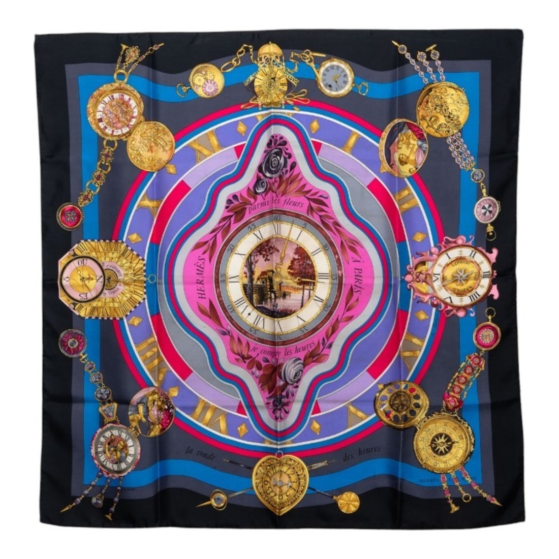 Hermes Carre 90 "Parmi les fleurs je compte heures" (Time spent among flowers) Scarf/Muffler,: --- Catalog ---Category: SizeSize (LxW): 88cm x 88cm / 34.64'' x 34.64''Category: DesignType: ScarfColor: Black, Multi-colorGender: WomenMaterial: Silk Category: GeneralBrand: Hermes--- Item List ---S