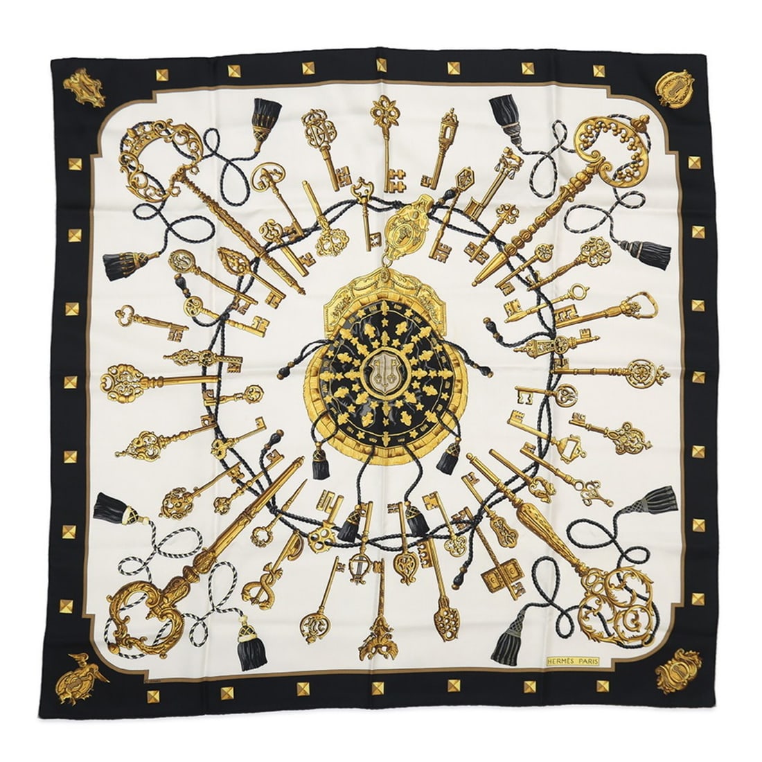 Hermes scarf muffler, Carre 90, key pattern, LES CLES, silk, black and white, motif, Hermes, HERMES: --- Catalog ---Category: SizeSize (LxW): 90cm x 90cm / 35.43'' x 35.43''Category: DesignType: ScarfColor: Black, Gold, WhiteGender: WomenMaterial: Silk 100%Category: GeneralBrand: HermesCountry of Ori