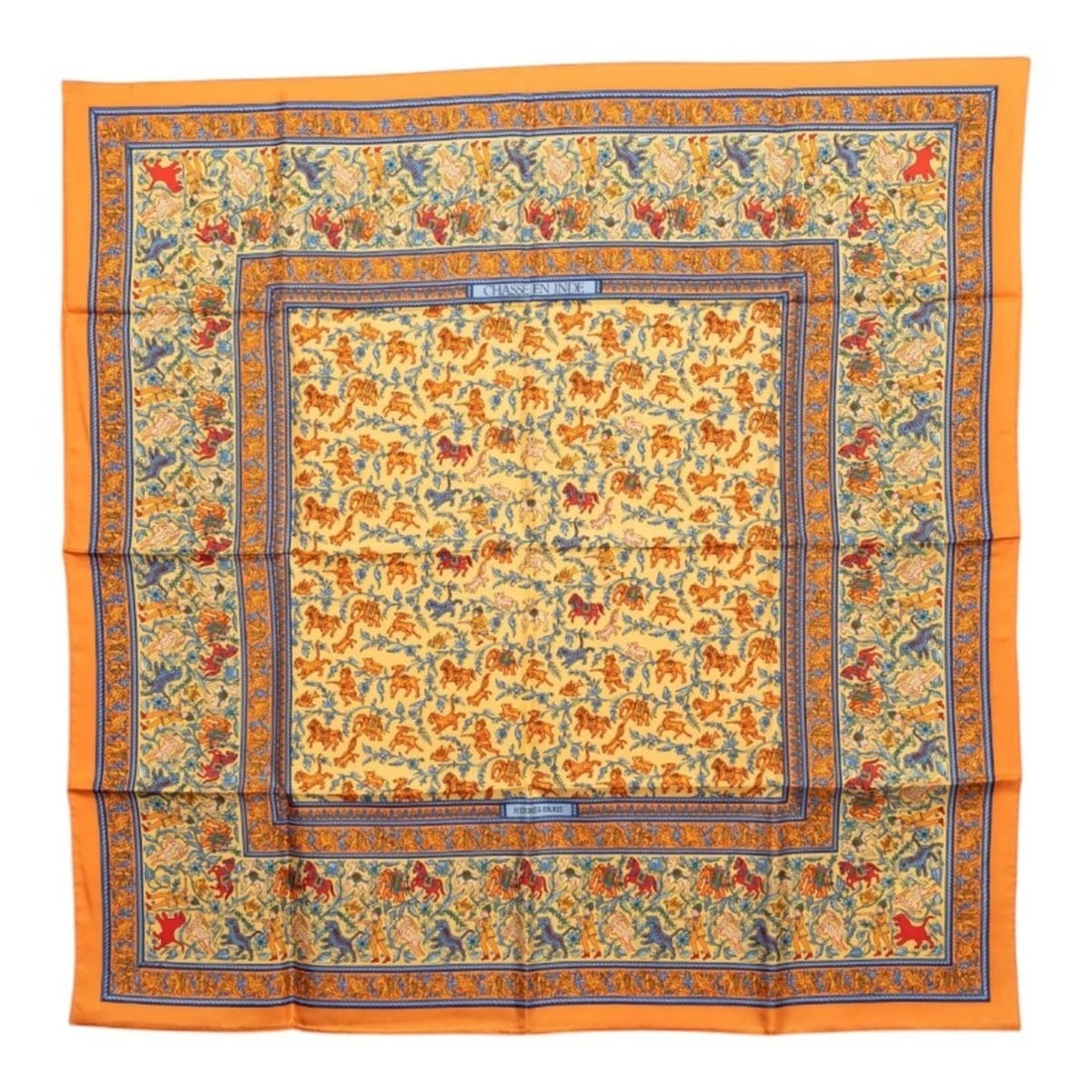 Hermes Carre 90 CHASSE EN INDE (Hunting in India) Scarf/Muffler, Orange Silk, Women's HERMES: --- Catalog ---Category: SizeSize (LxW): 89cm x 88.5cm / 35.03'' x 34.84''Category: DesignType: ScarfColor: OrangeGender: WomenMaterial: Silk Category: GeneralBrand: Hermes--- Item List ---Section: Co