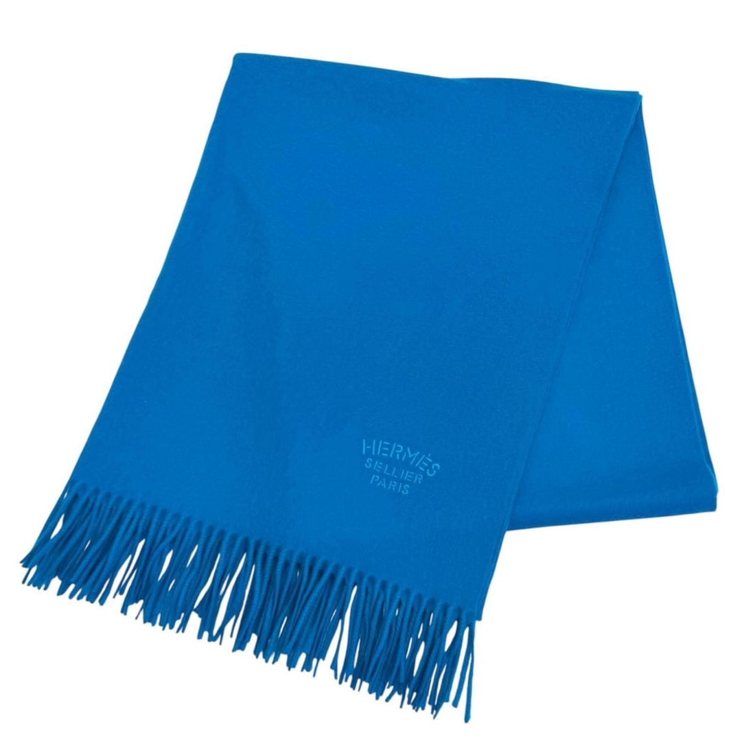 HERMES 100% Cashmere Logo Embroidered Fringe Large Stole Scarf Shawl Blue Made in England Women's: --- Catalog ---Category: SizeSize (LxW): 1.78m x 71.5cm / 70.07'' x 28.14''Category: DesignType: StoleColor: BlueGender: WomenMaterial: Cashmere Category: GeneralBrand: HermesCountry of Origin: United