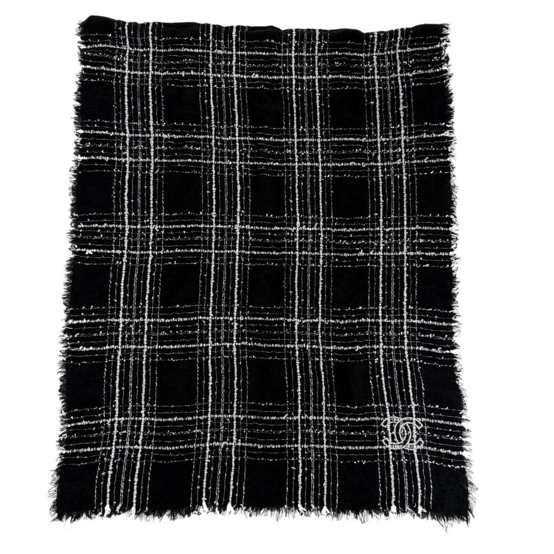 CHANEL 23B Cashmere and Silk Blend Coco Mark Ribbon Tweed Check Pattern Fringe Large Stole/Scarf (1 of 8)