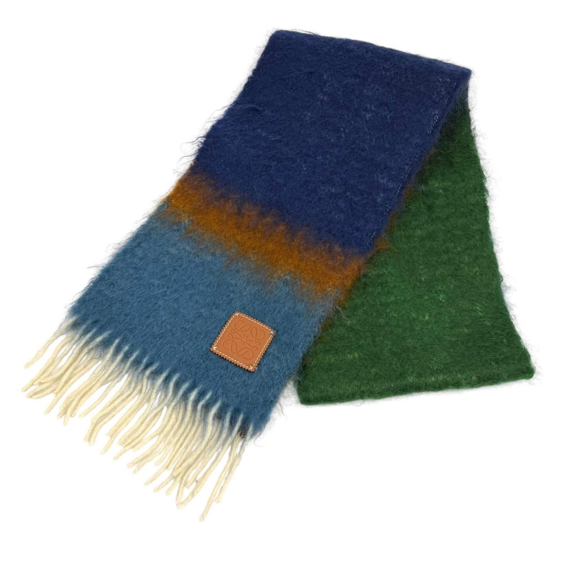 LOEWE A-280003861 Mohair Wool Blend Anagram Leather Patch Gradient Color Fringe Stole Scarf: --- Catalog ---Category: SizeSize (LxW): 1.82m x 23cm / 71.65'' x 9.05''Category: DesignType: StoleColor: Multi-colorGender: Men,WomenMaterial: Mohair , Wool , Nylon Category: GeneralMPN: