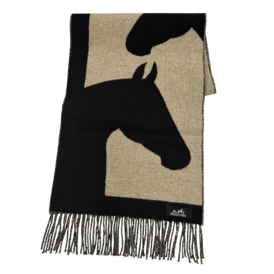 HERMES Love Story Stole/Scarf, 100% Cashmere, with Fringe, Horse Pattern, Black/Beige, Women's, Box.: --- Catalog ---Category: SizeSize (LxW): 1.38m x 31cm / 54.33'' x 12.2''Category: DesignType: StoleColor: Beige, BlackGender: WomenMaterial: Cashmere Category: GeneralBrand: Hermes--- Item List